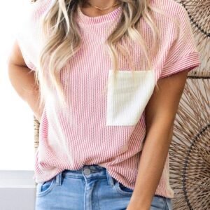 Pink Corded Knit Color Block Pocketed Crew Neck T Shirt