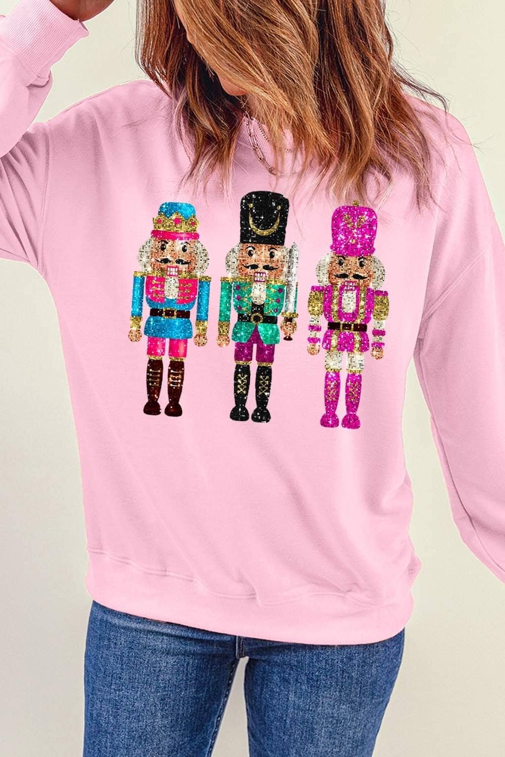 Pink Cute Nutcracker Printed Drop Shoulder Christmas Sweatshirt