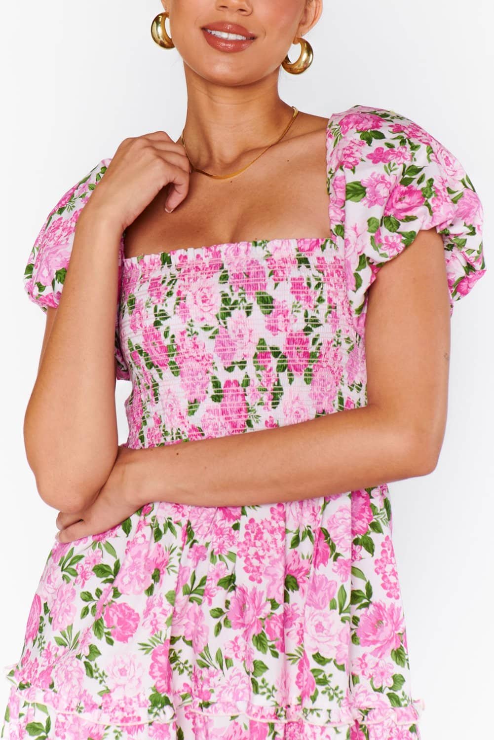 Pink Dainty Floral Smocked Puff Sleeve Flowy Long Dress