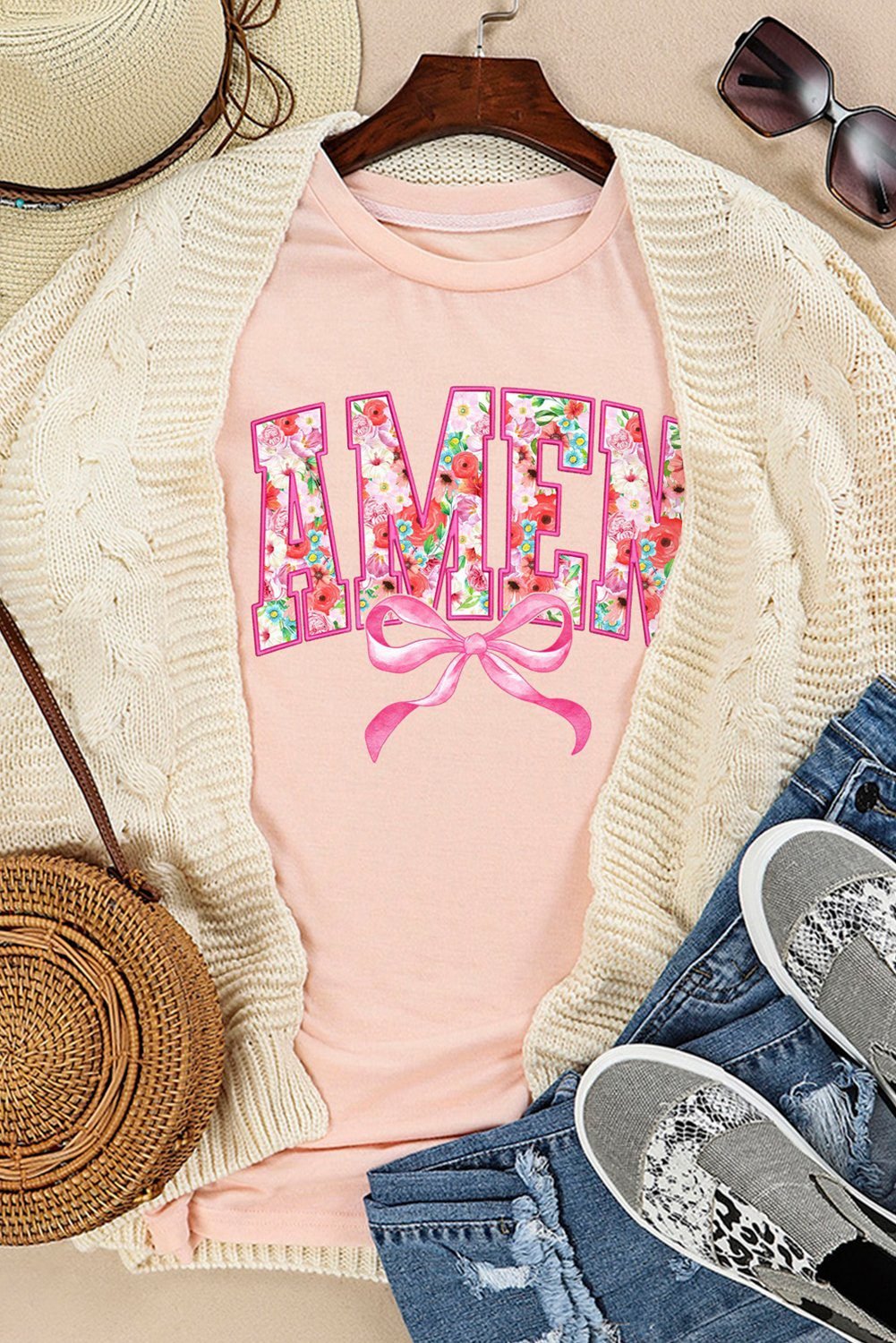 Pink Floral Amen Bow Graphic Crewneck T Shirt