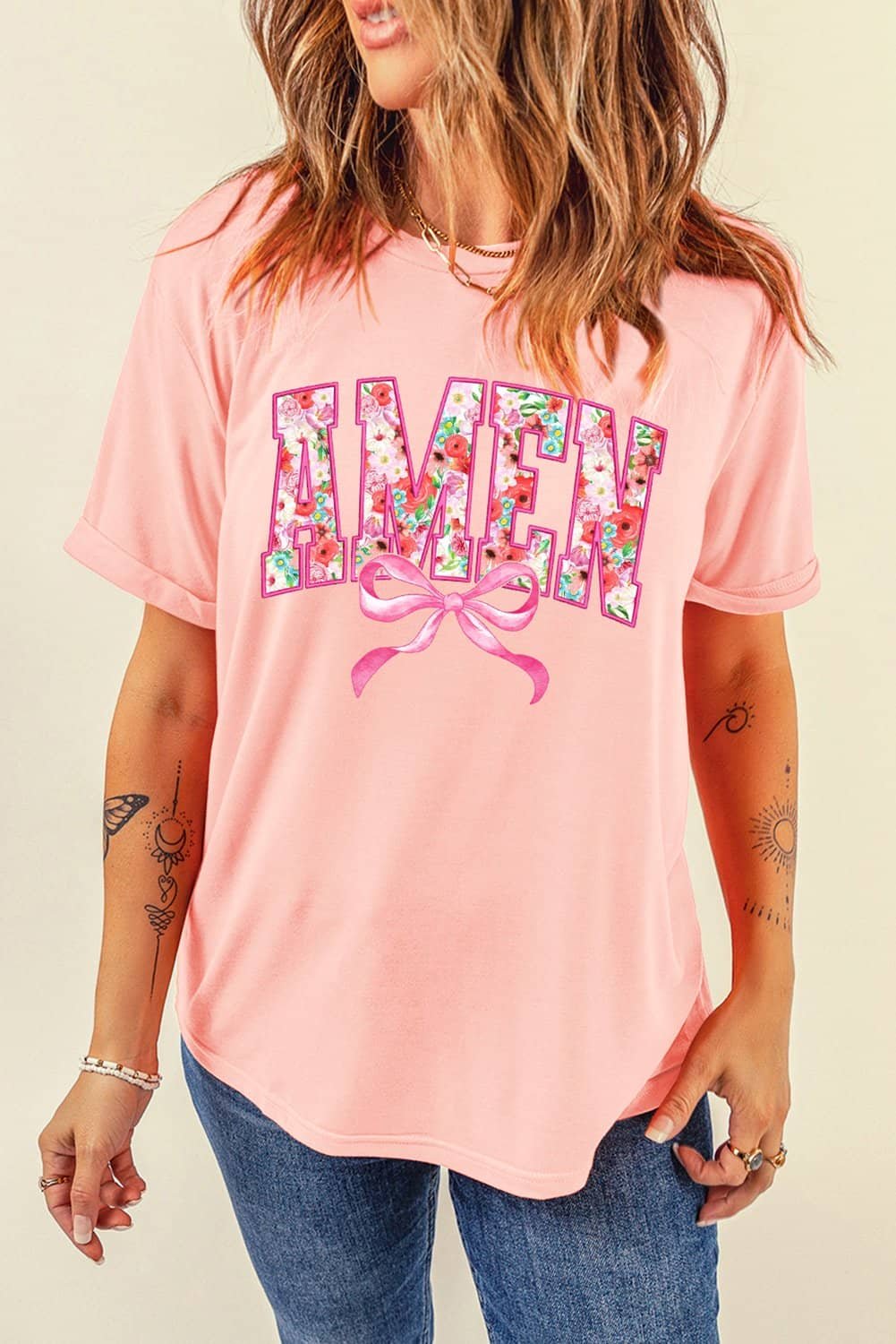 Pink Floral Amen Bow Graphic Crewneck T Shirt