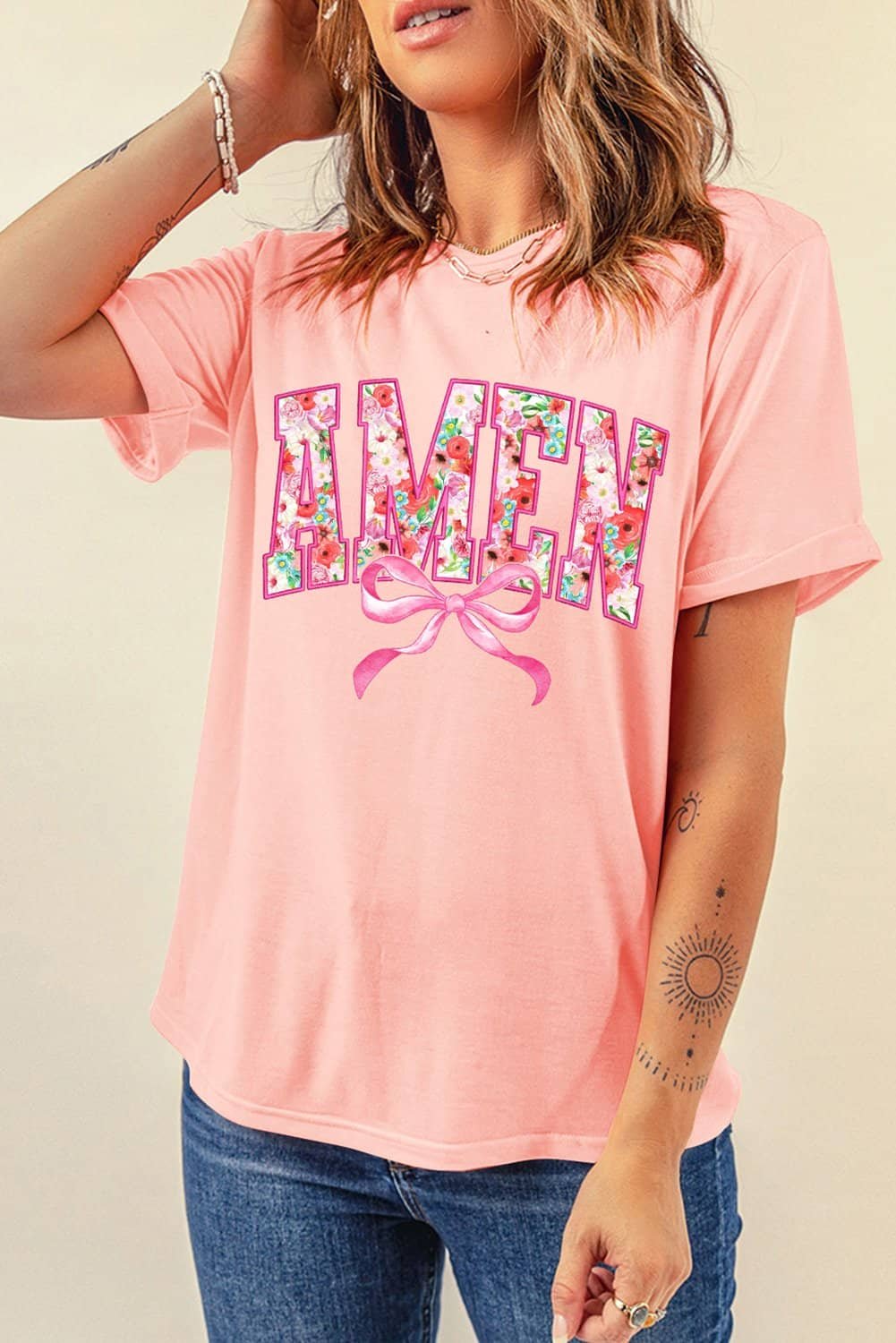 Pink Floral Amen Bow Graphic Crewneck T Shirt