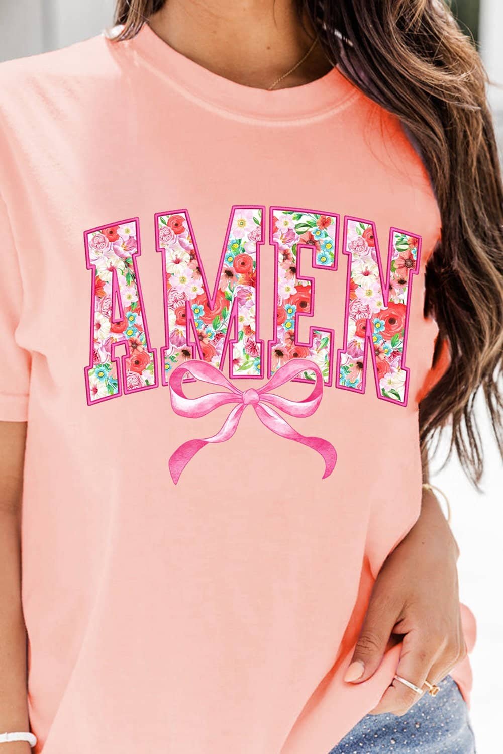 Pink Floral Amen Bow Graphic Crewneck T Shirt