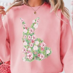 Pink Floral Bunny Printed Crewneck Easter Fashion Sweatshirt