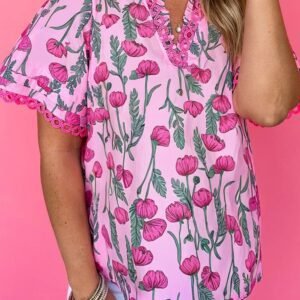 Pink Floral Lace Detail Frilled V Neck Summer Blouse