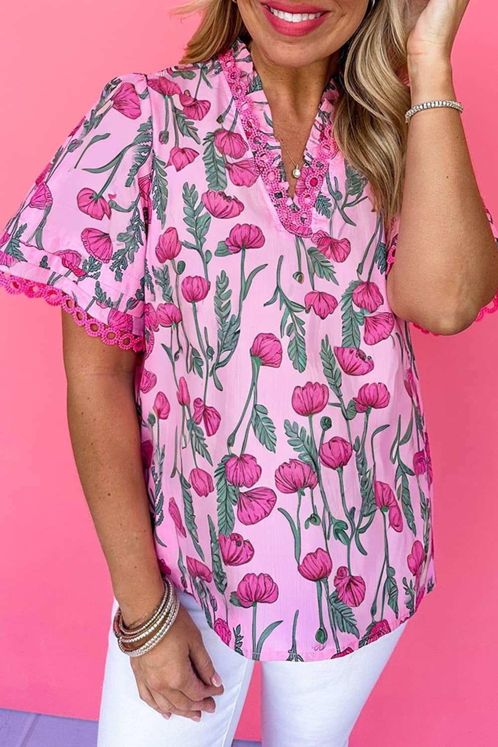 Pink Floral Lace Detail Frilled V Neck Summer Blouse
