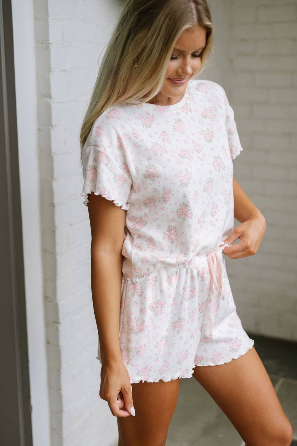 Pink Floral Lettuce Trim Tee And Shorts Ribbed Lounge Set