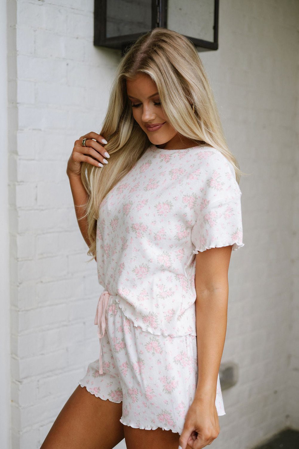 Pink Floral Lettuce Trim Tee And Shorts Ribbed Lounge Set