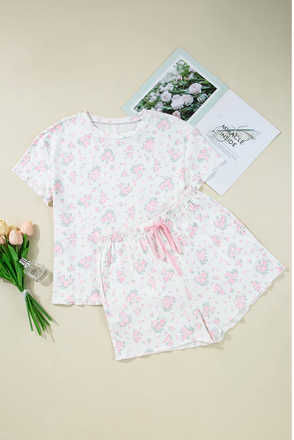 Pink Floral Lettuce Trim Tee And Shorts Ribbed Lounge Set