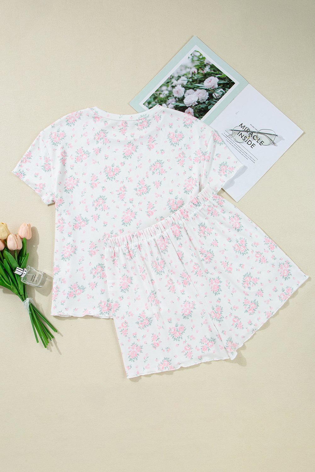 Pink Floral Lettuce Trim Tee And Shorts Ribbed Lounge Set