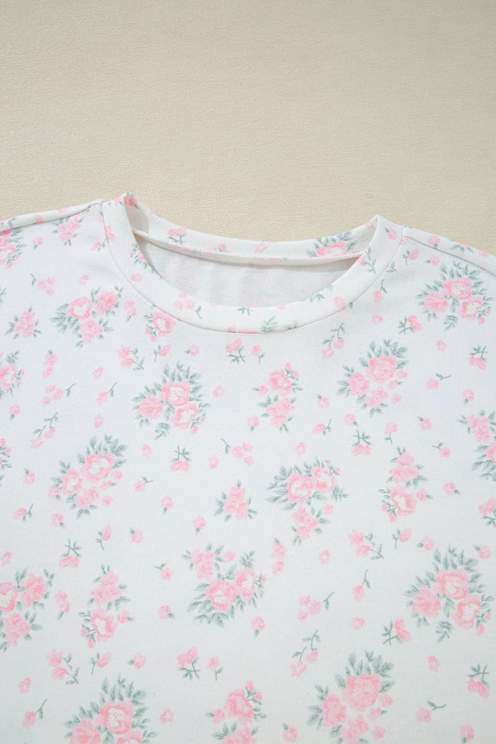 Pink Floral Lettuce Trim Tee And Shorts Ribbed Lounge Set