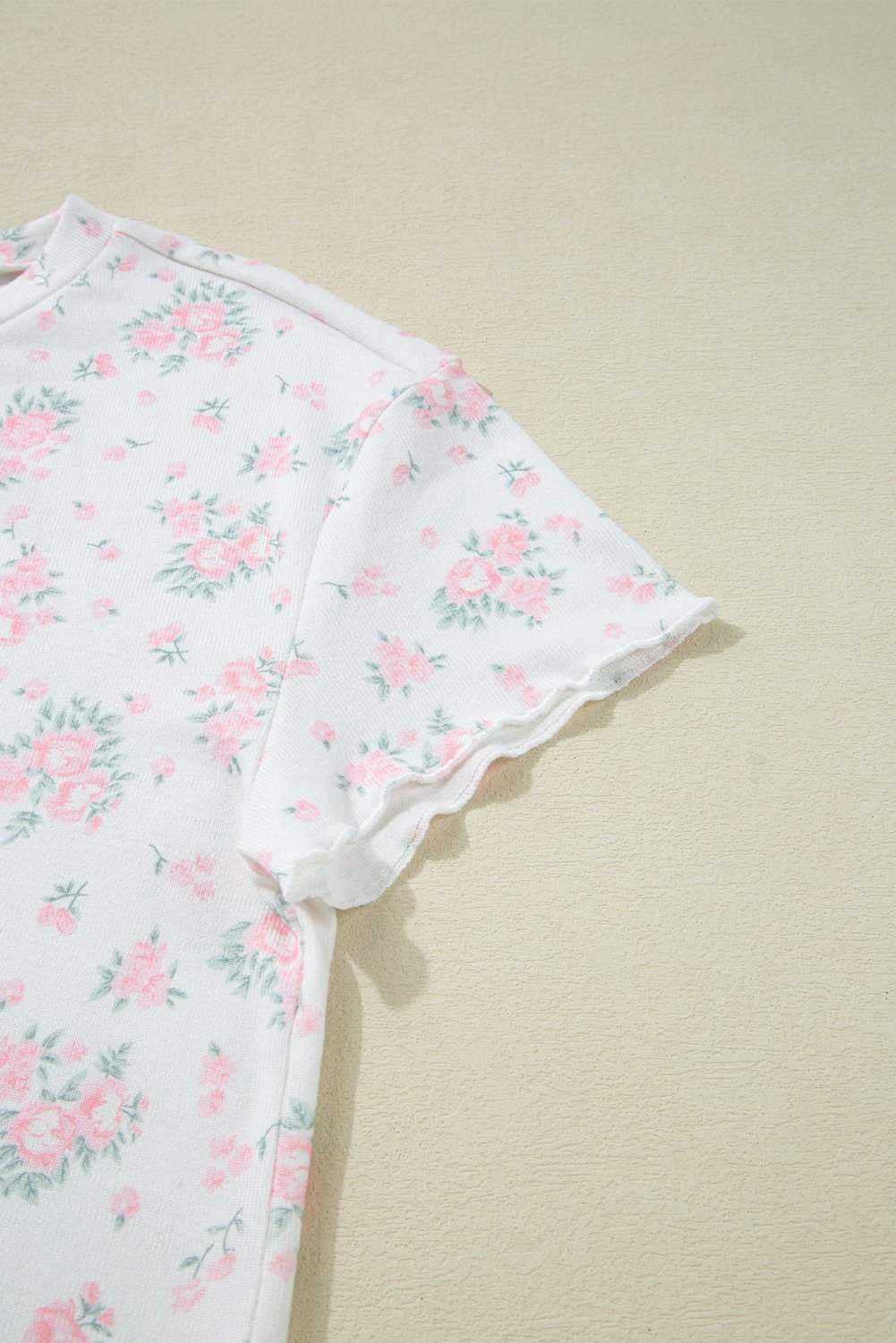 Pink Floral Lettuce Trim Tee And Shorts Ribbed Lounge Set