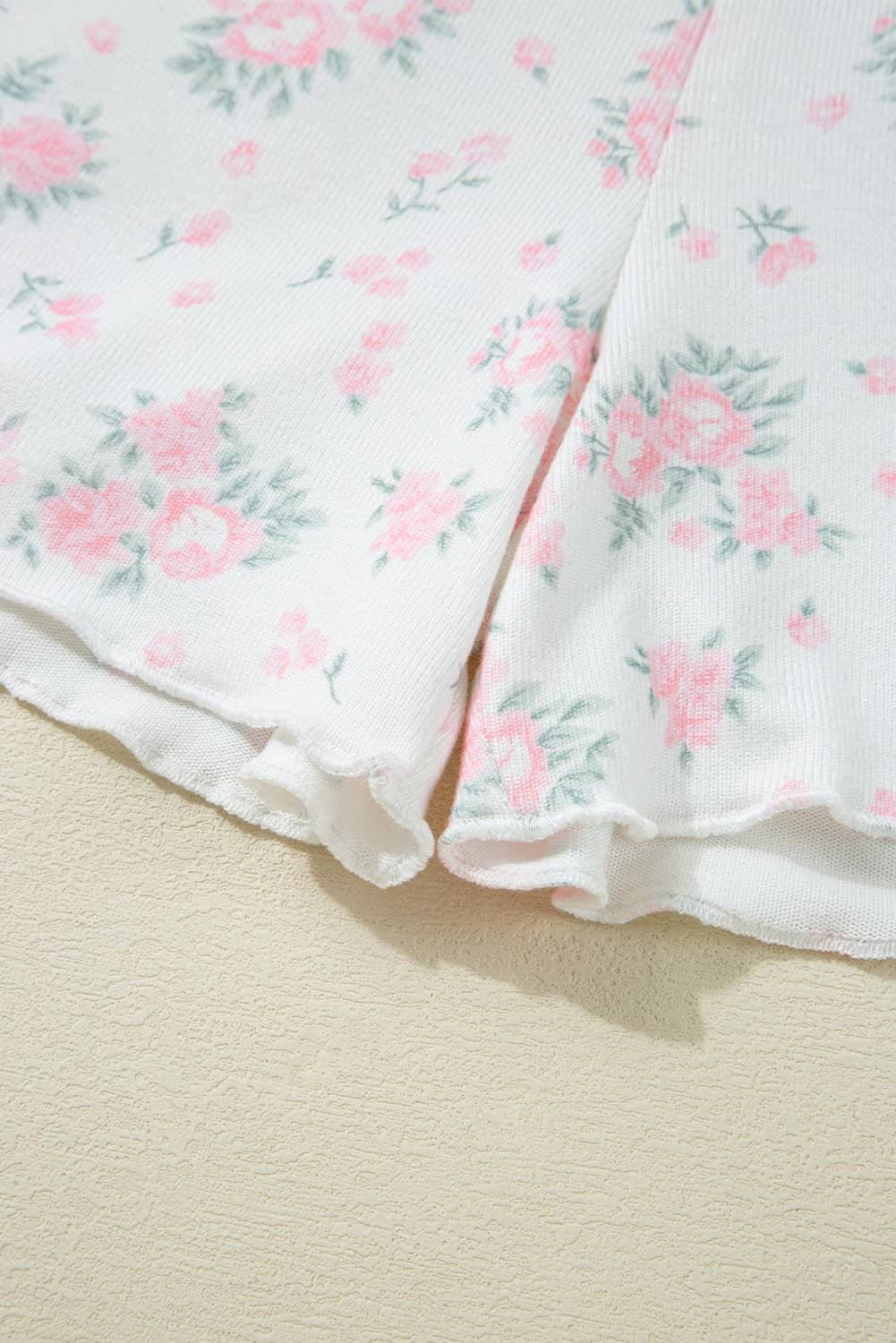 Pink Floral Lettuce Trim Tee And Shorts Ribbed Lounge Set
