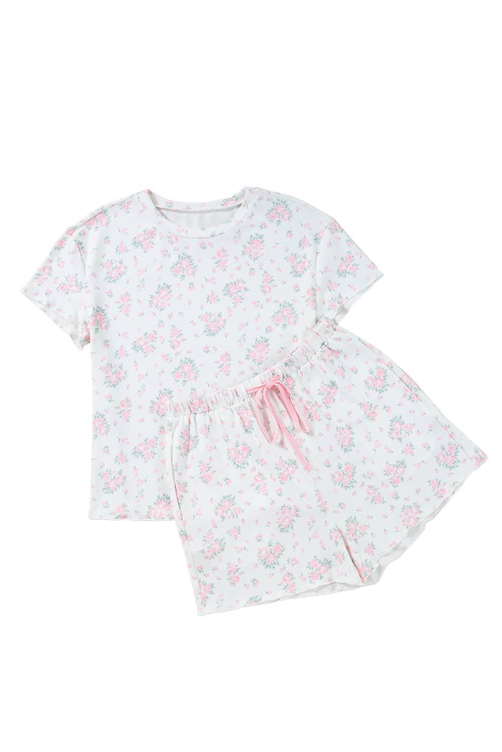 Pink Floral Lettuce Trim Tee And Shorts Ribbed Lounge Set