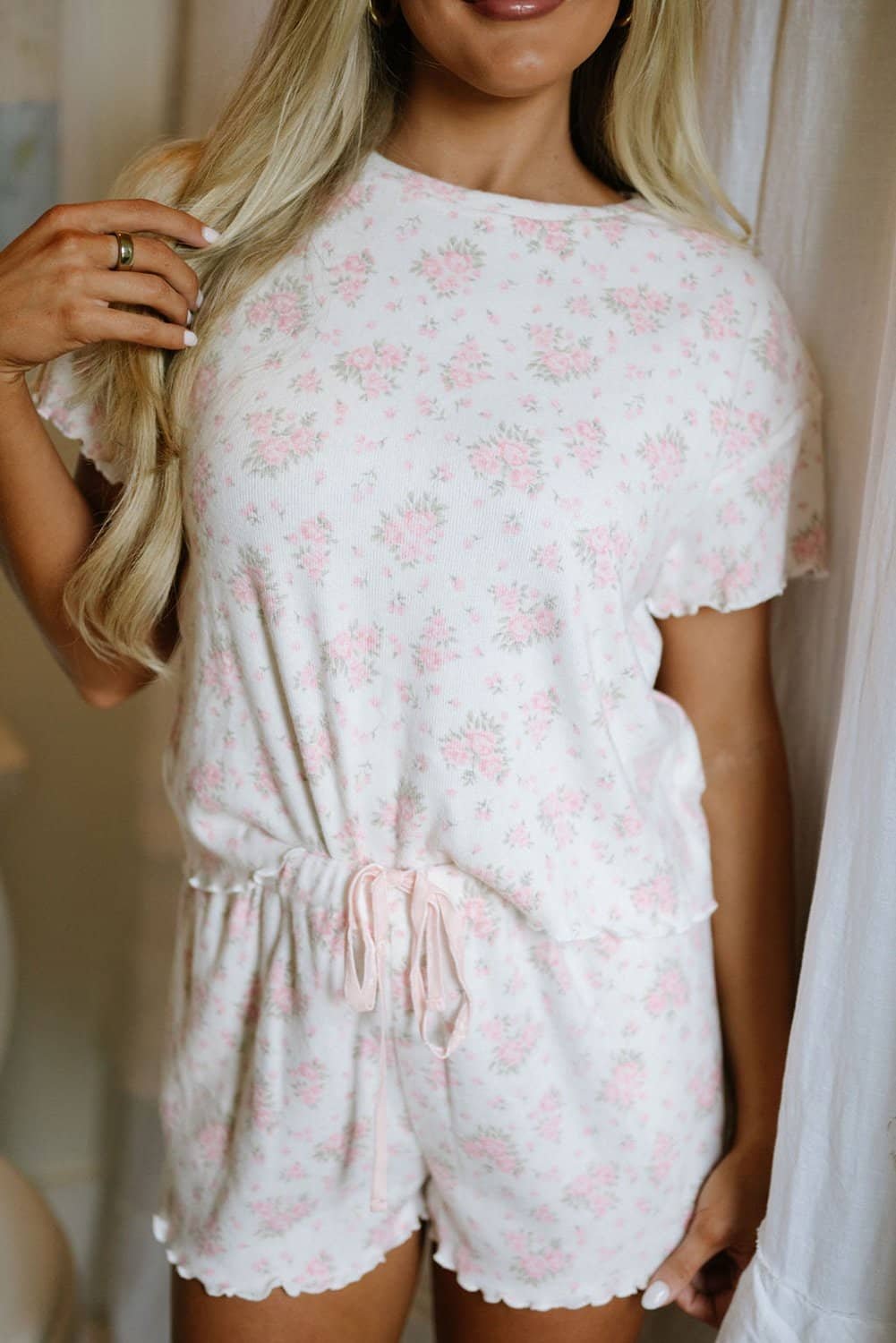 Pink Floral Lettuce Trim Tee And Shorts Ribbed Lounge Set