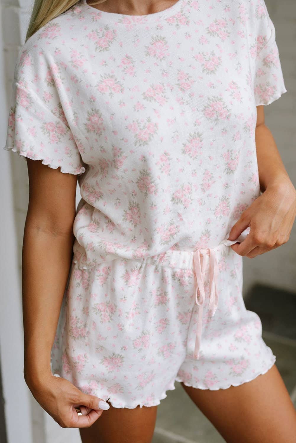Pink Floral Lettuce Trim Tee And Shorts Ribbed Lounge Set