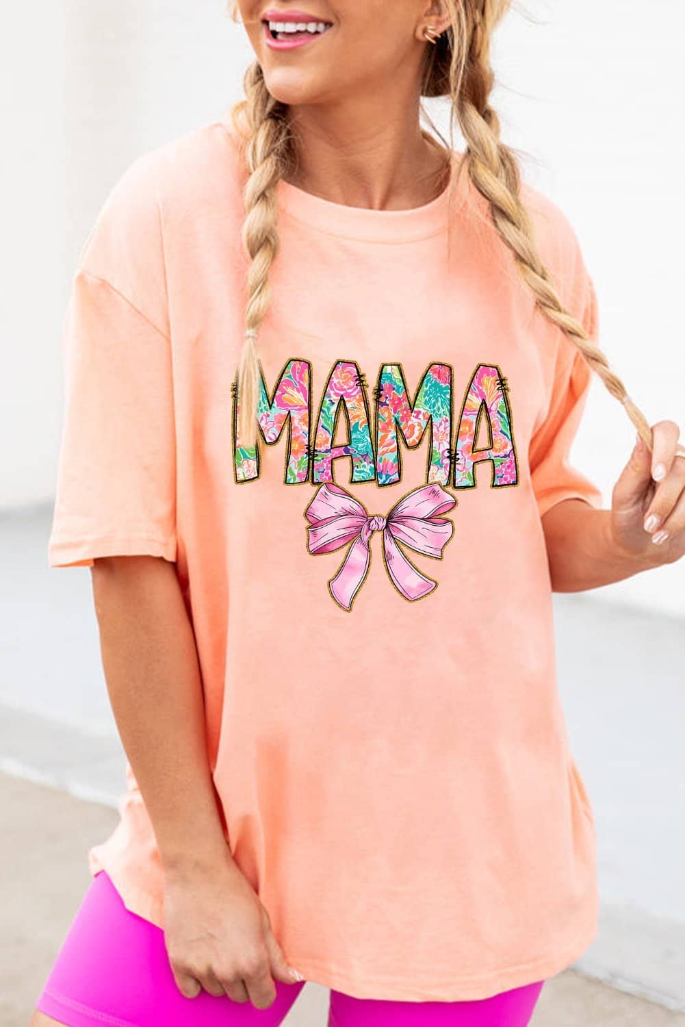 Pink Floral Mama Bowknot Print Crewneck T Shirt
