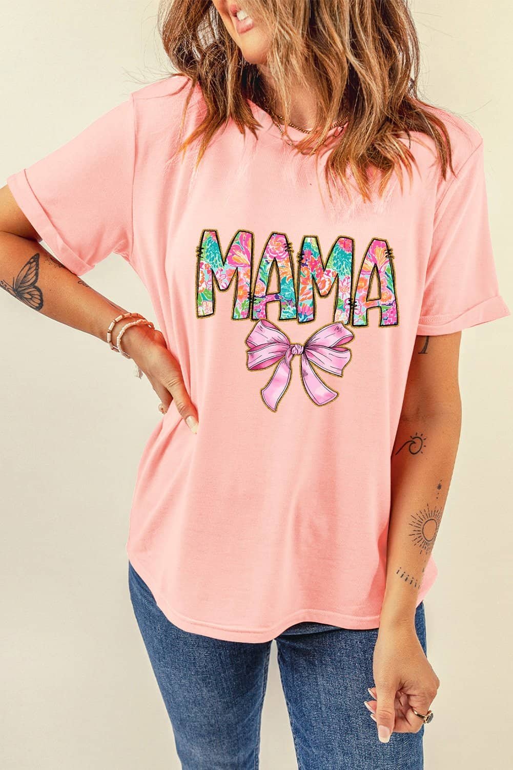 Pink Floral Mama Bowknot Print Crewneck T Shirt