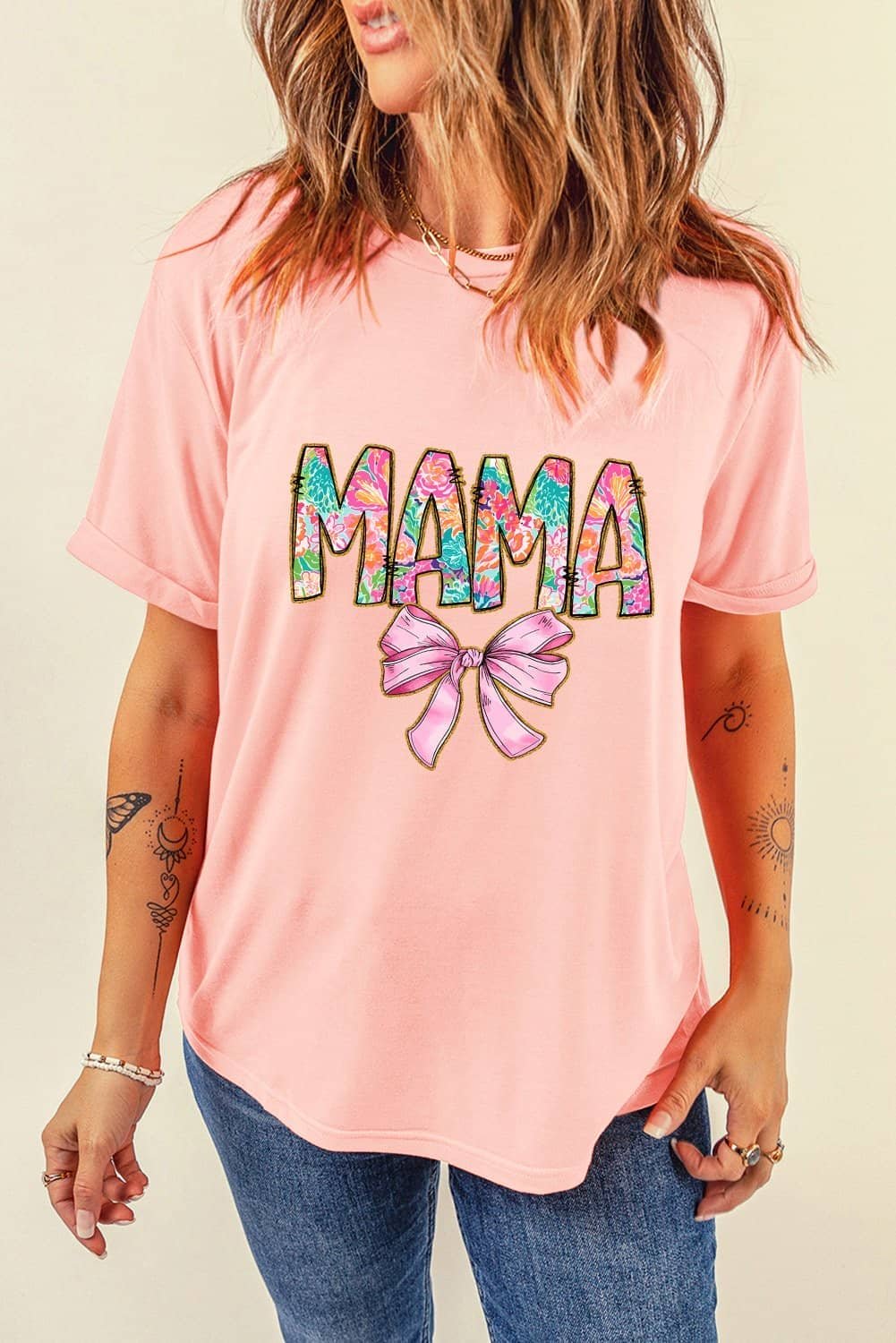 Pink Floral Mama Bowknot Print Crewneck T Shirt