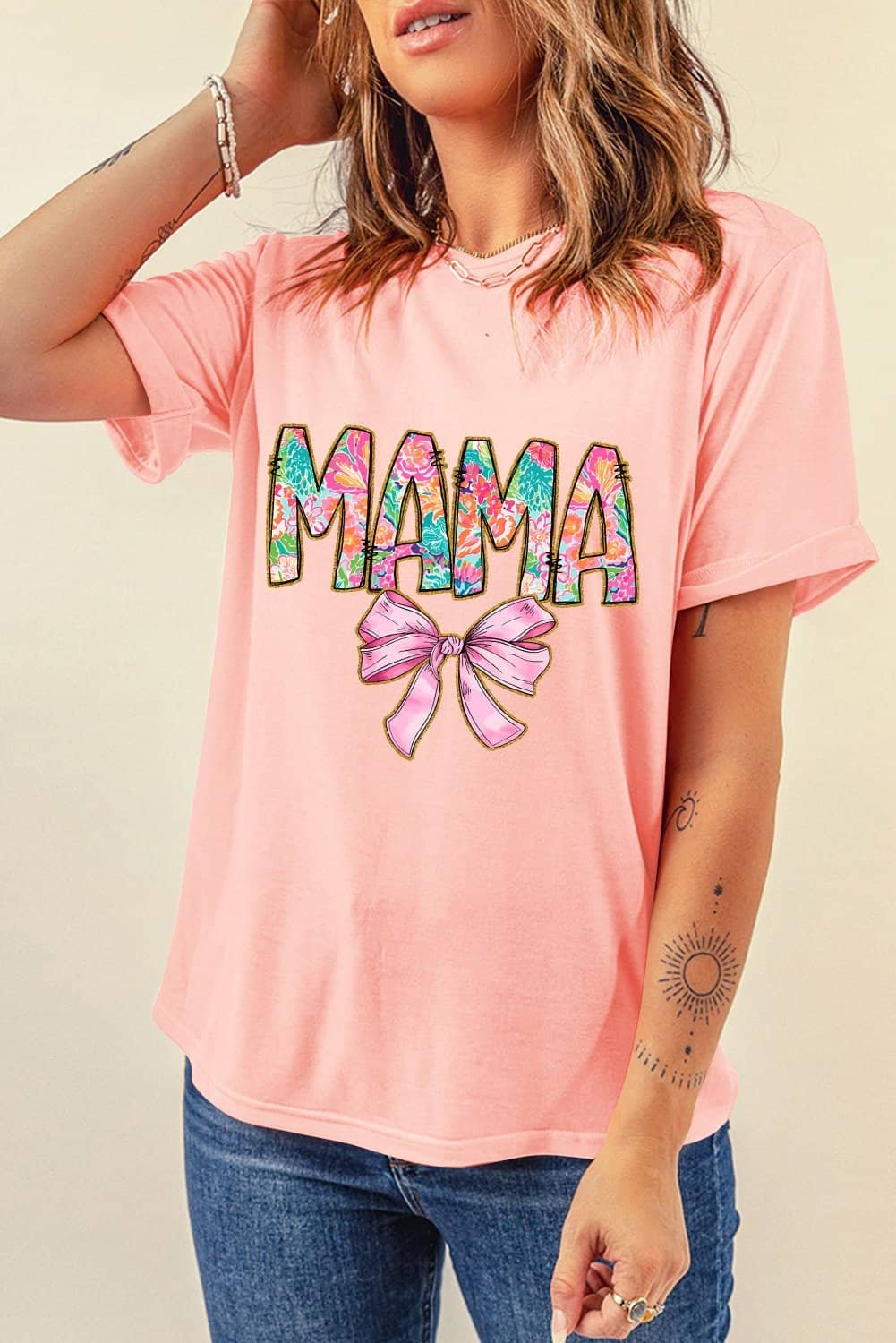 Pink Floral Mama Bowknot Print Crewneck T Shirt