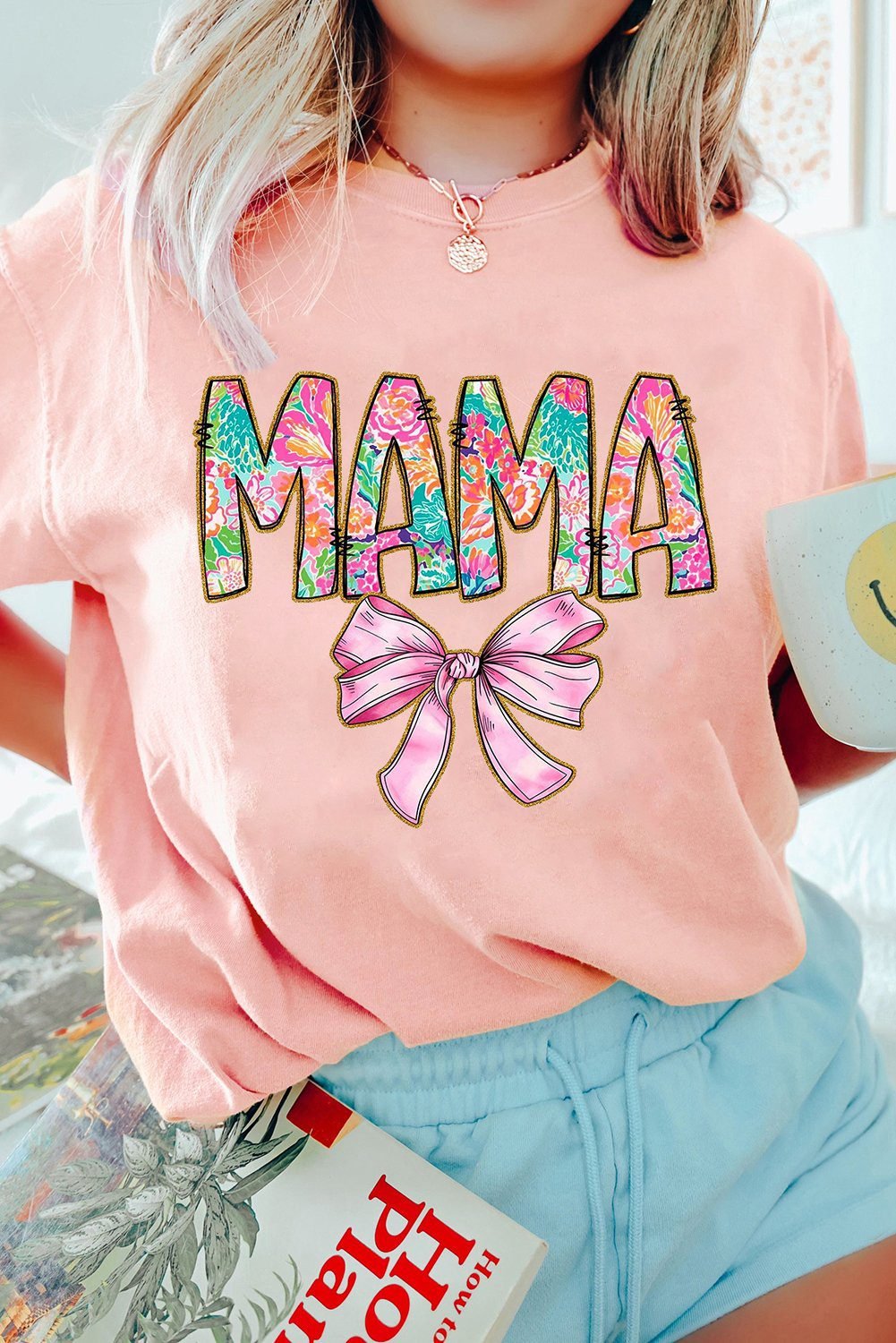 Pink Floral Mama Bowknot Print Crewneck T Shirt