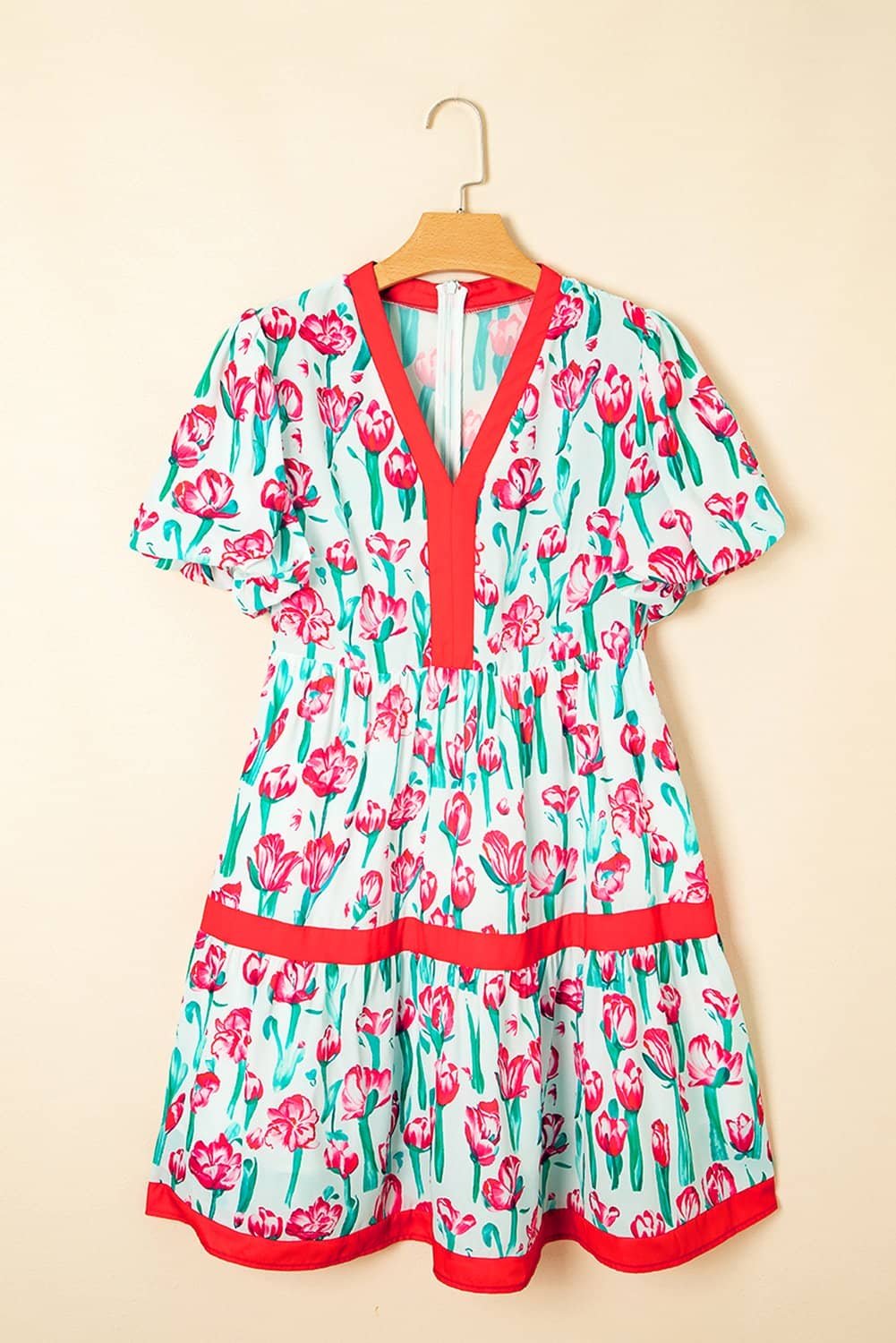 Pink Floral Print Contrast Trim V Neck Bubble Short Sleeve Babydoll Dress