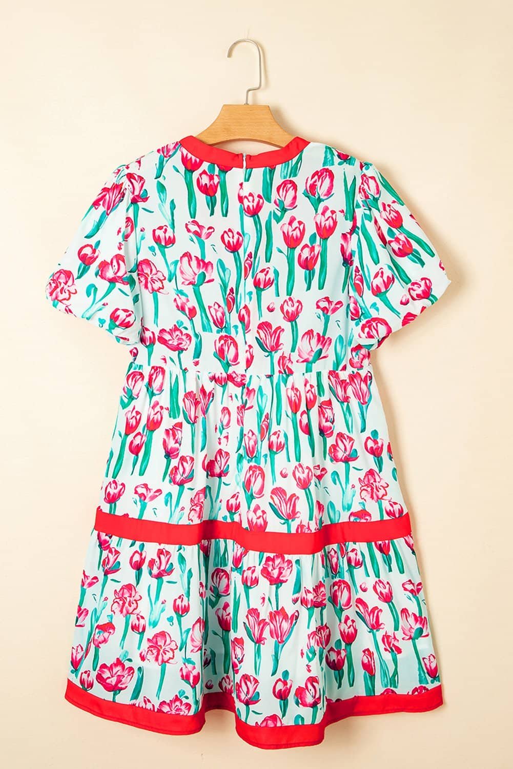 Pink Floral Print Contrast Trim V Neck Bubble Short Sleeve Babydoll Dress