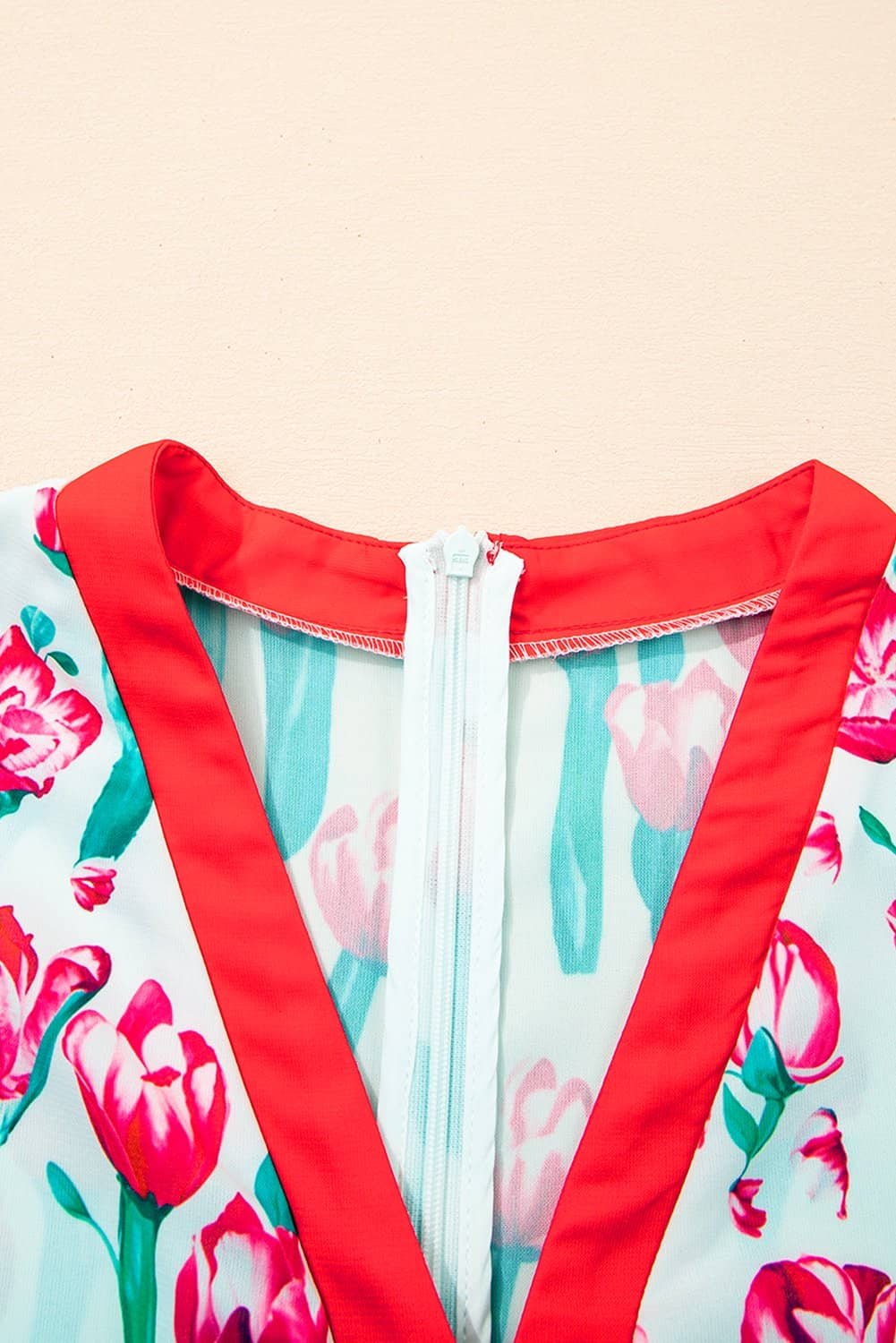 Pink Floral Print Contrast Trim V Neck Bubble Short Sleeve Babydoll Dress