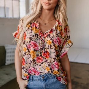 Pink Floral Print Crew Neck Short Sleeve Shift Blouse