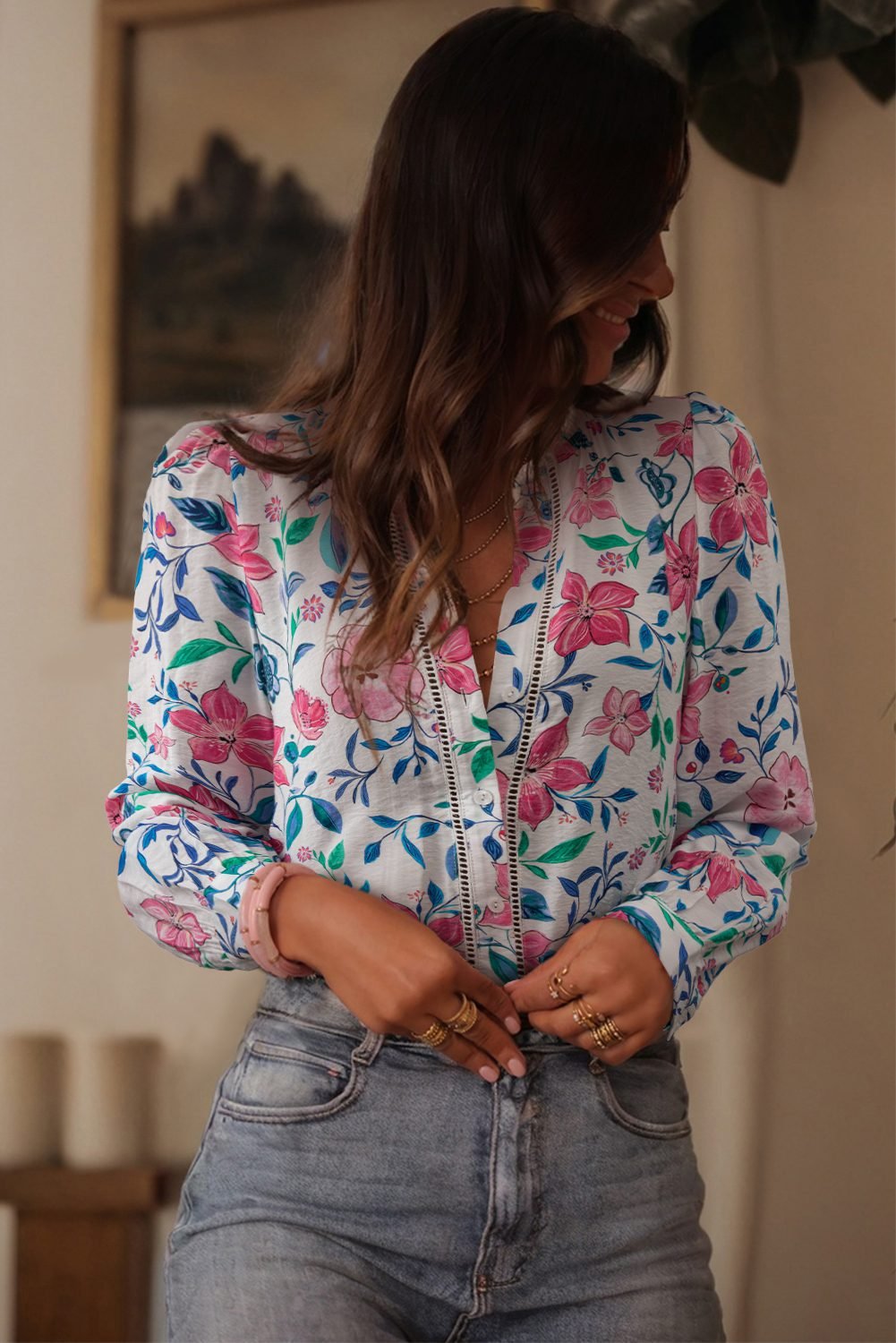 Pink Floral Print Lace Detail Button-Up Long Sleeve Shirt