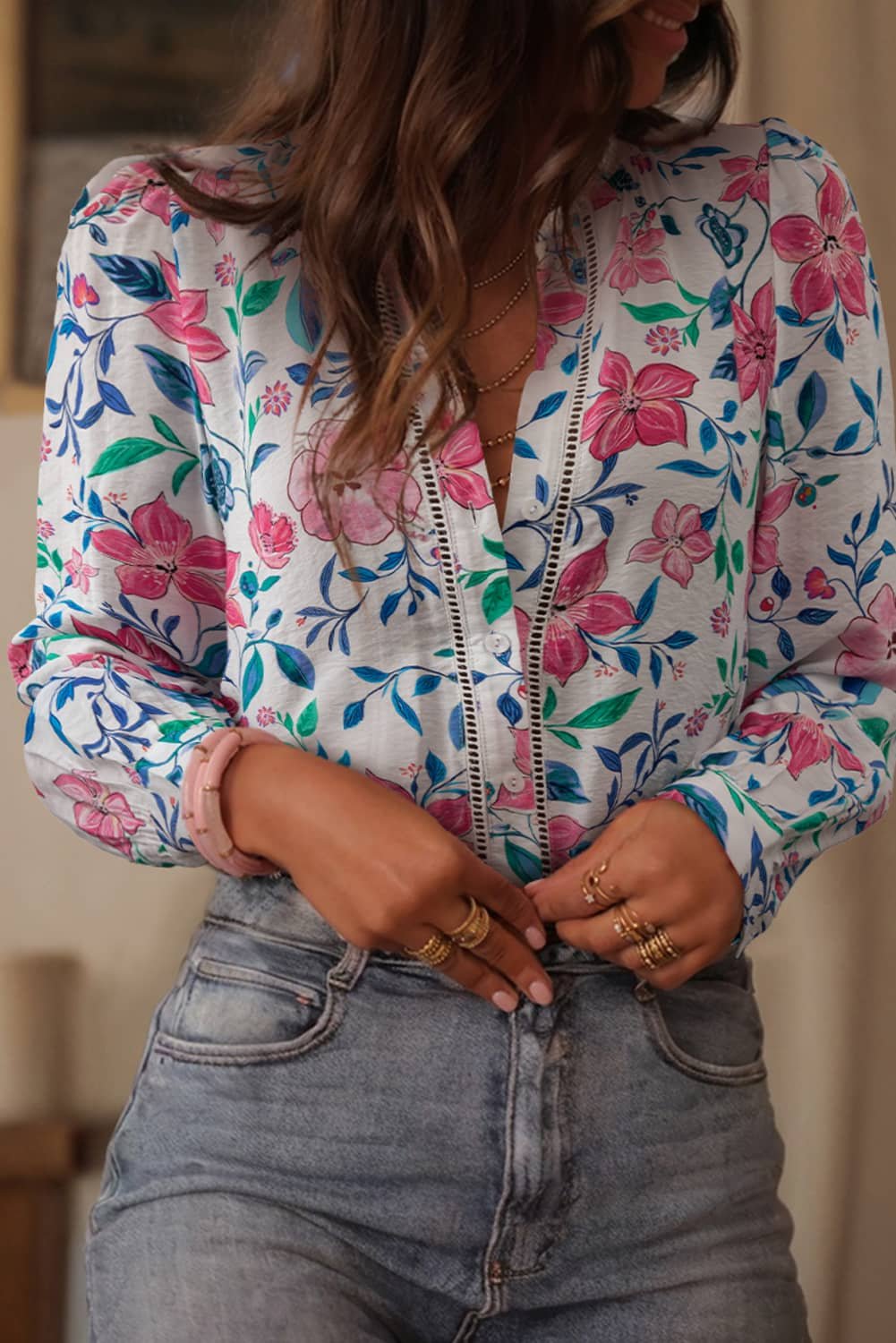 Pink Floral Print Lace Detail Button-Up Long Sleeve Shirt