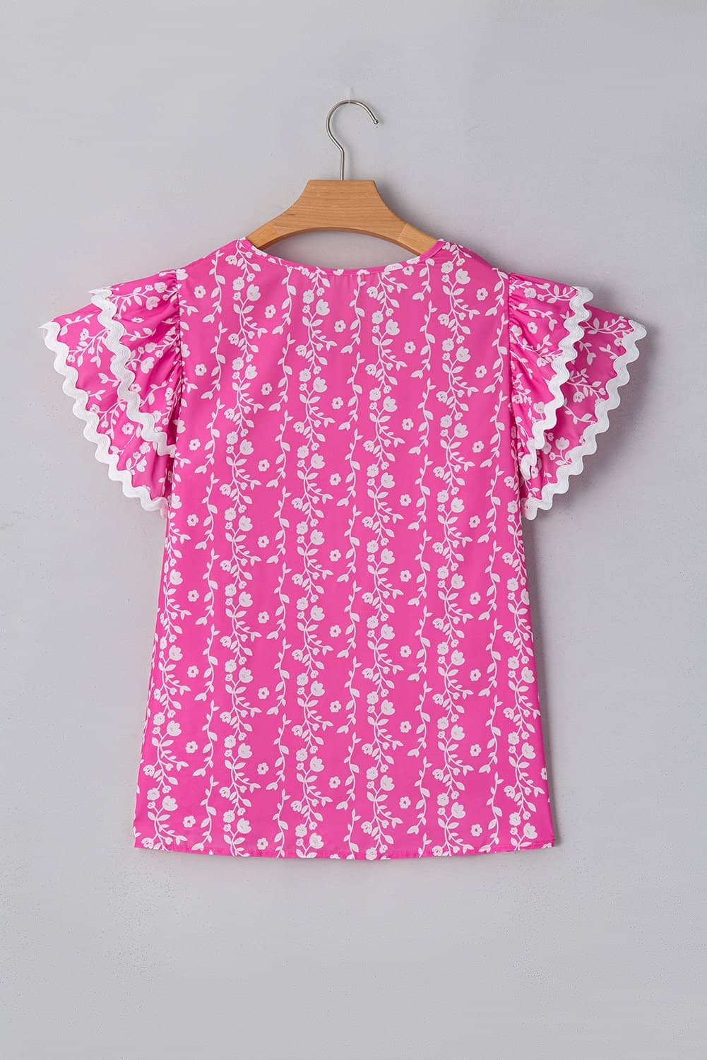Pink Floral Print Ric-Rac Tiered Ruffled V Neck Blouse