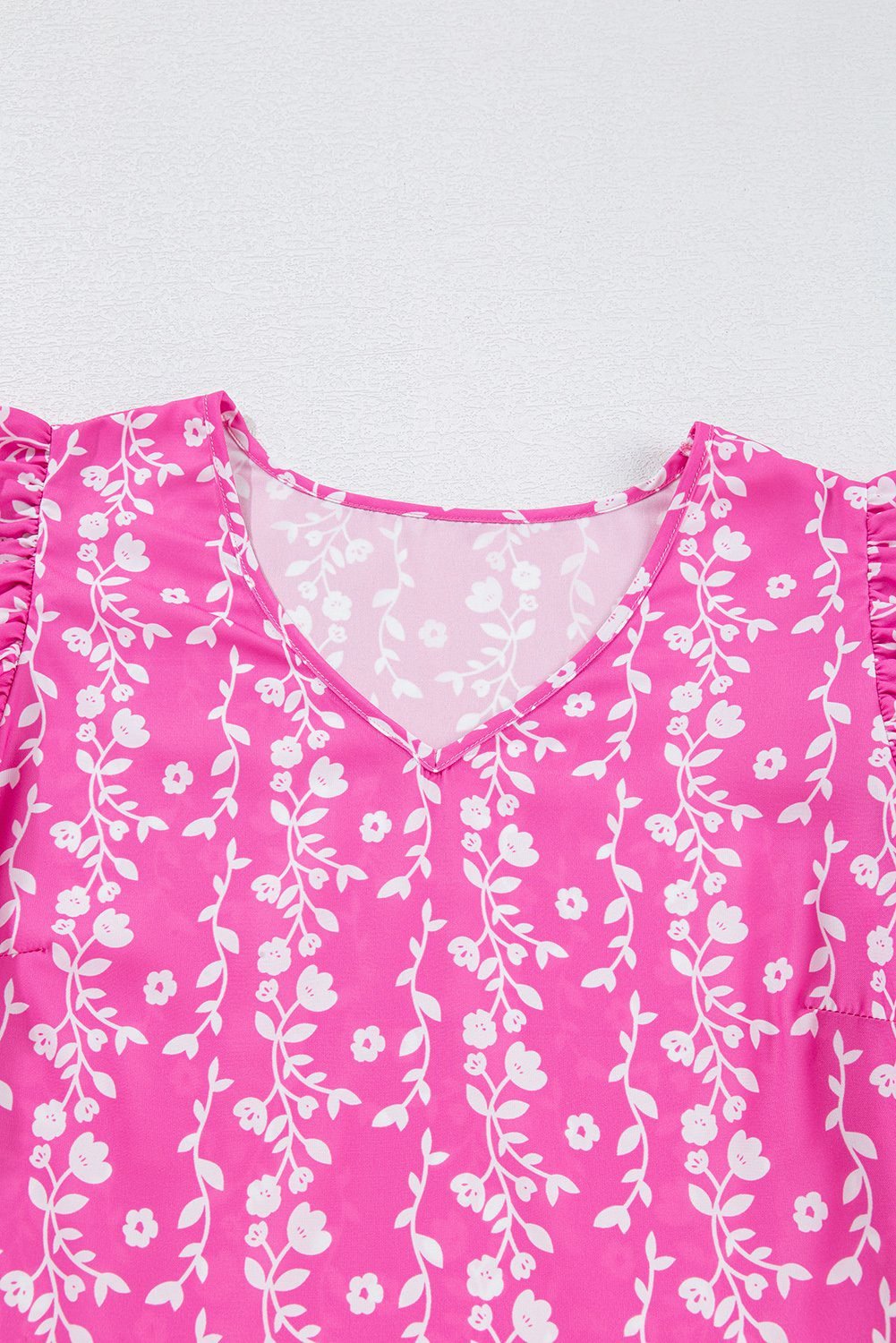 Pink Floral Print Ric-Rac Tiered Ruffled V Neck Blouse