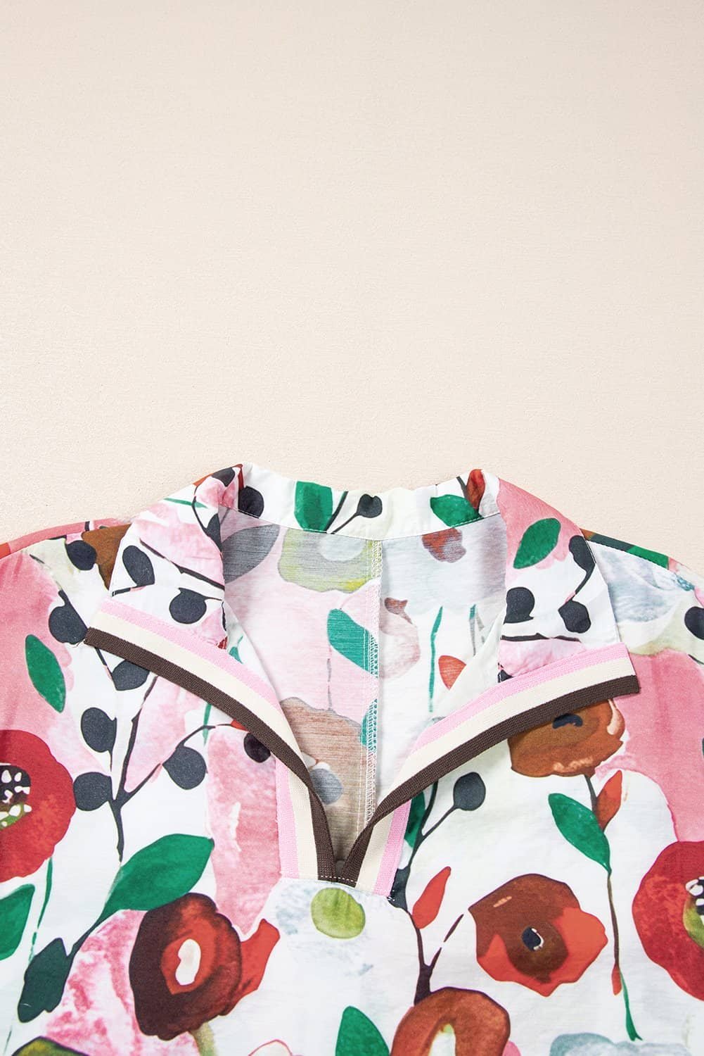 Pink Floral Print Slit V Neck Short Sleeve Blouse