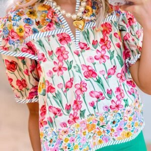 Pink Floral Print Striped Detail Split Neck Short Sleeve Blouse