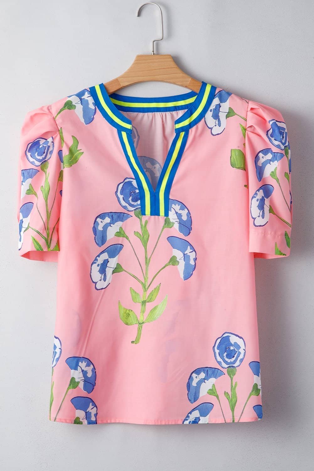 Pink Floral Print Striped Notched V Neck Bubble Sleeve Blouse