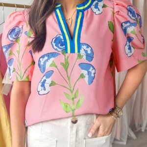Pink Floral Print Striped Notched V Neck Bubble Sleeve Blouse