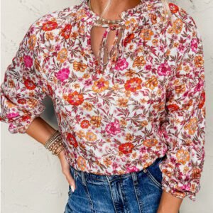 Pink Floral Print Tie Split Neck Bracelet Sleeve Blouse