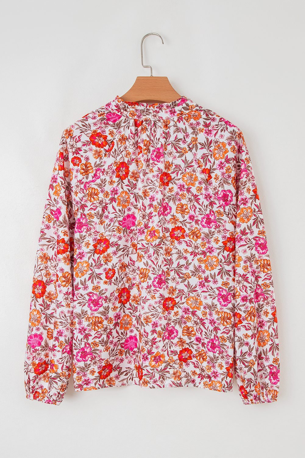 Pink Floral Print Tie Split Neck Bracelet Sleeve Blouse