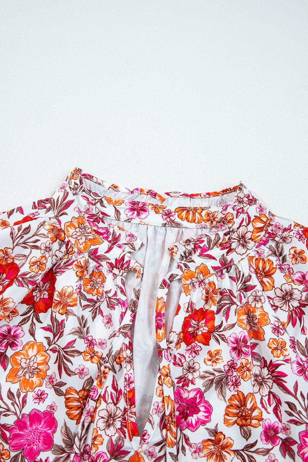 Pink Floral Print Tie Split Neck Bracelet Sleeve Blouse