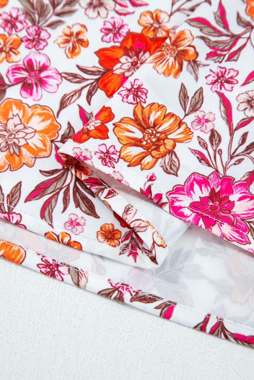Pink Floral Print Tie Split Neck Bracelet Sleeve Blouse