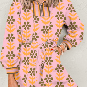 Pink Floral Print Zip Neck Striped Patchwork Long Sleeve Drawstring Dress