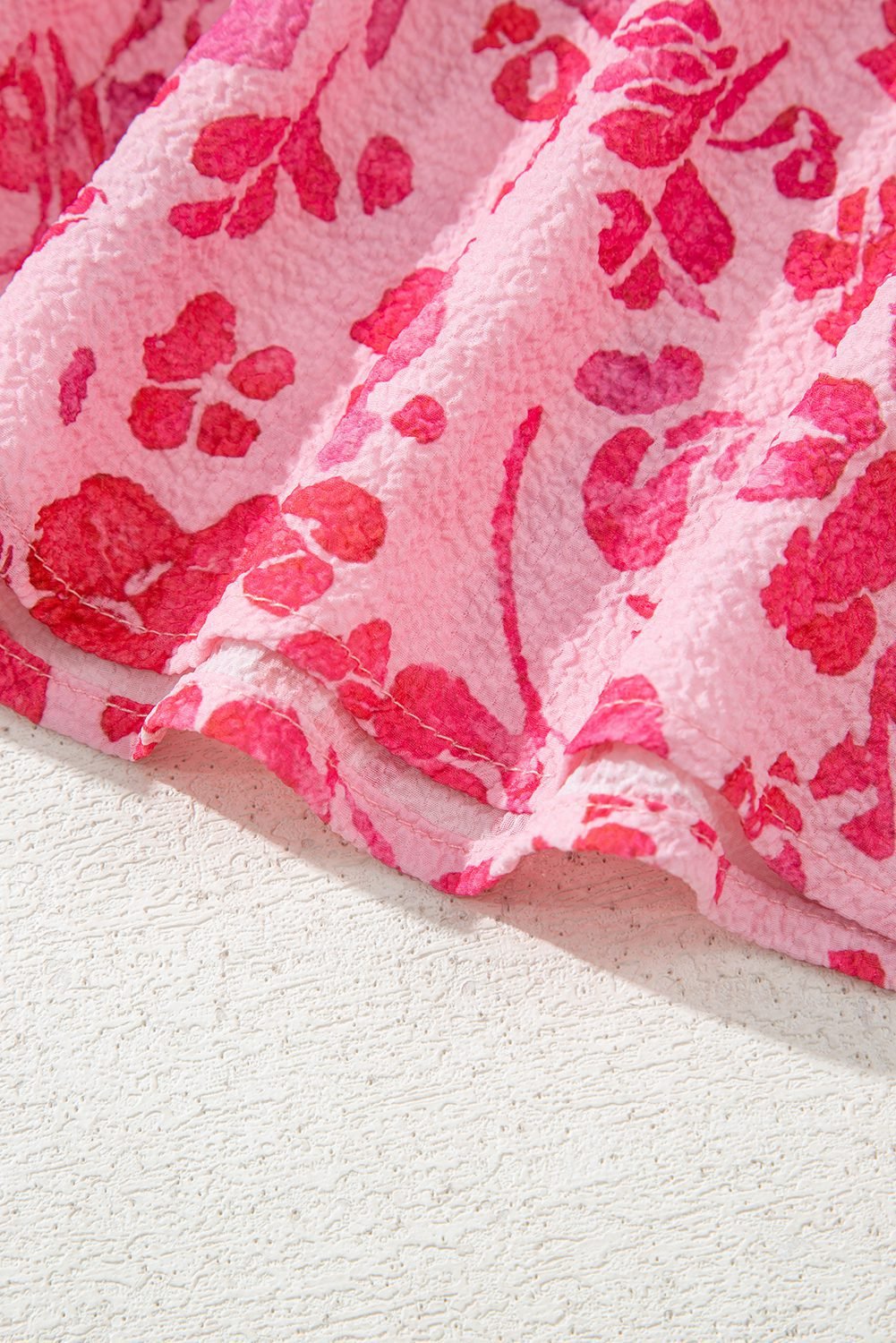 Pink Floral Puff Sleeve Split Neck Lightweight Blouse