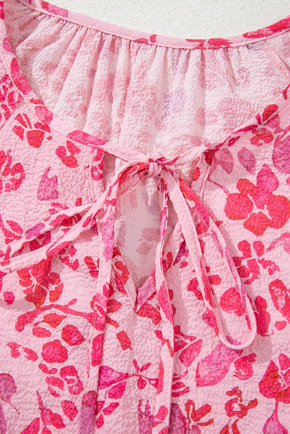 Pink Floral Puff Sleeve Split Neck Lightweight Blouse