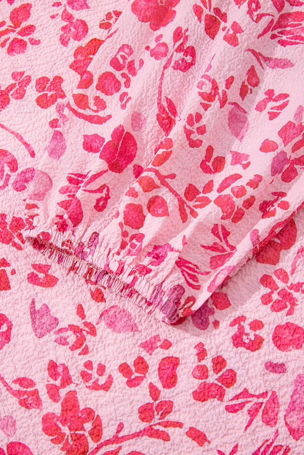Pink Floral Puff Sleeve Split Neck Lightweight Blouse