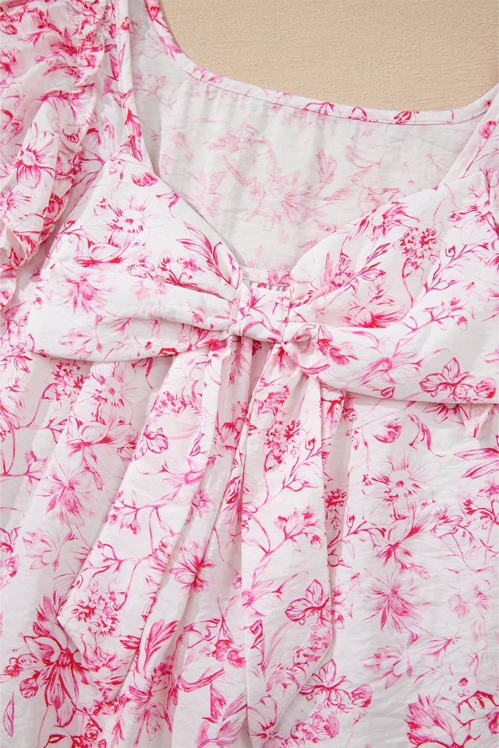 Pink Floral Ruffled Short Sleeve Bow Back Square Neck Blouse