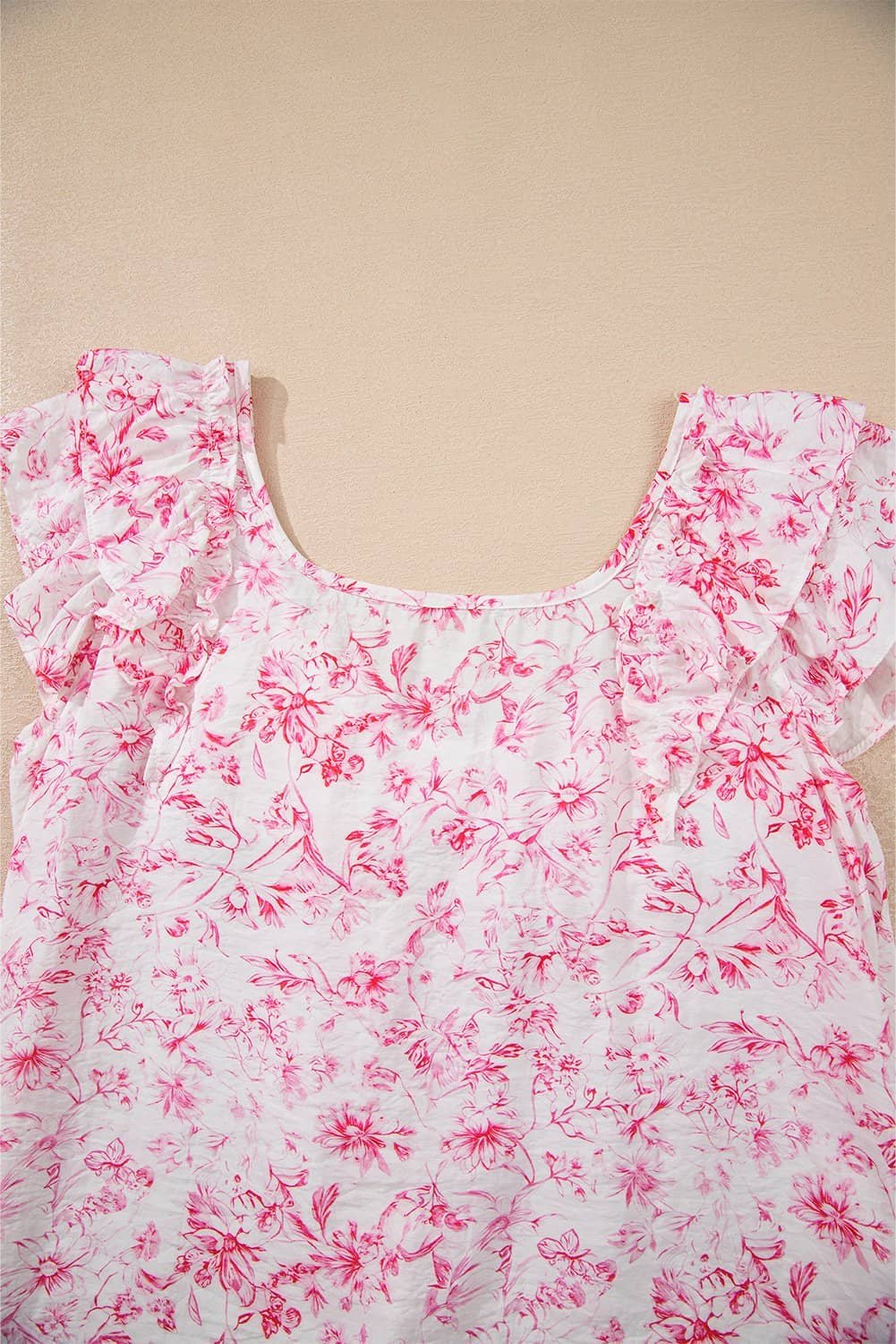 Pink Floral Ruffled Short Sleeve Bow Back Square Neck Blouse