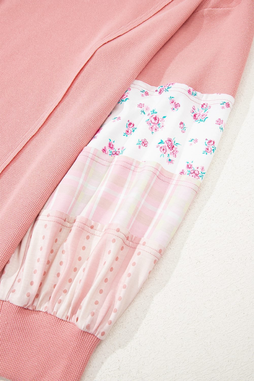 Pink Floral Sleeve Patchwork Waffle Knit Notched V Neck Plus Size Top