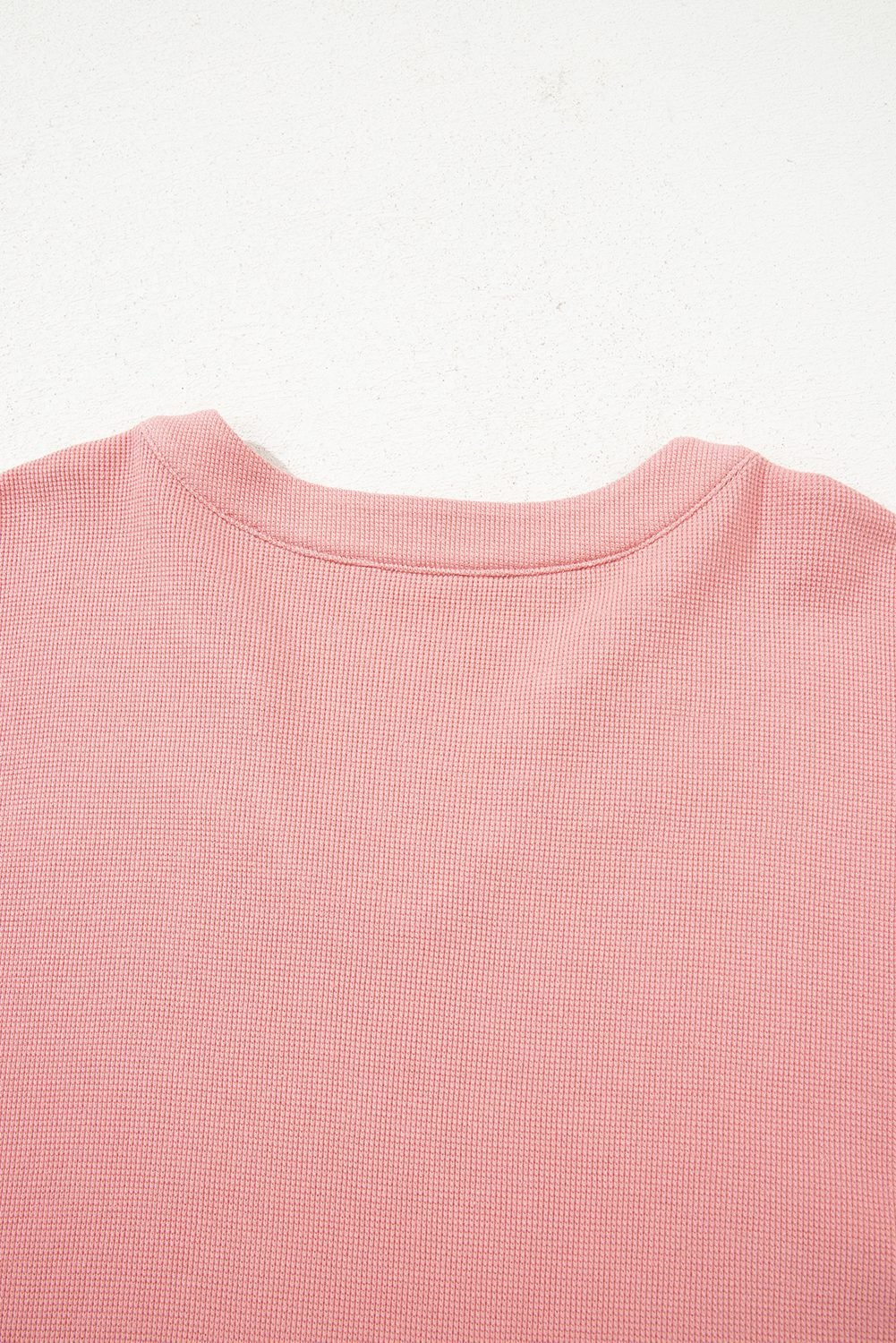 Pink Floral Sleeve Patchwork Waffle Knit Notched V Neck Plus Size Top