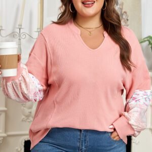 Pink Floral Sleeve Patchwork Waffle Knit Notched V Neck Plus Size Top
